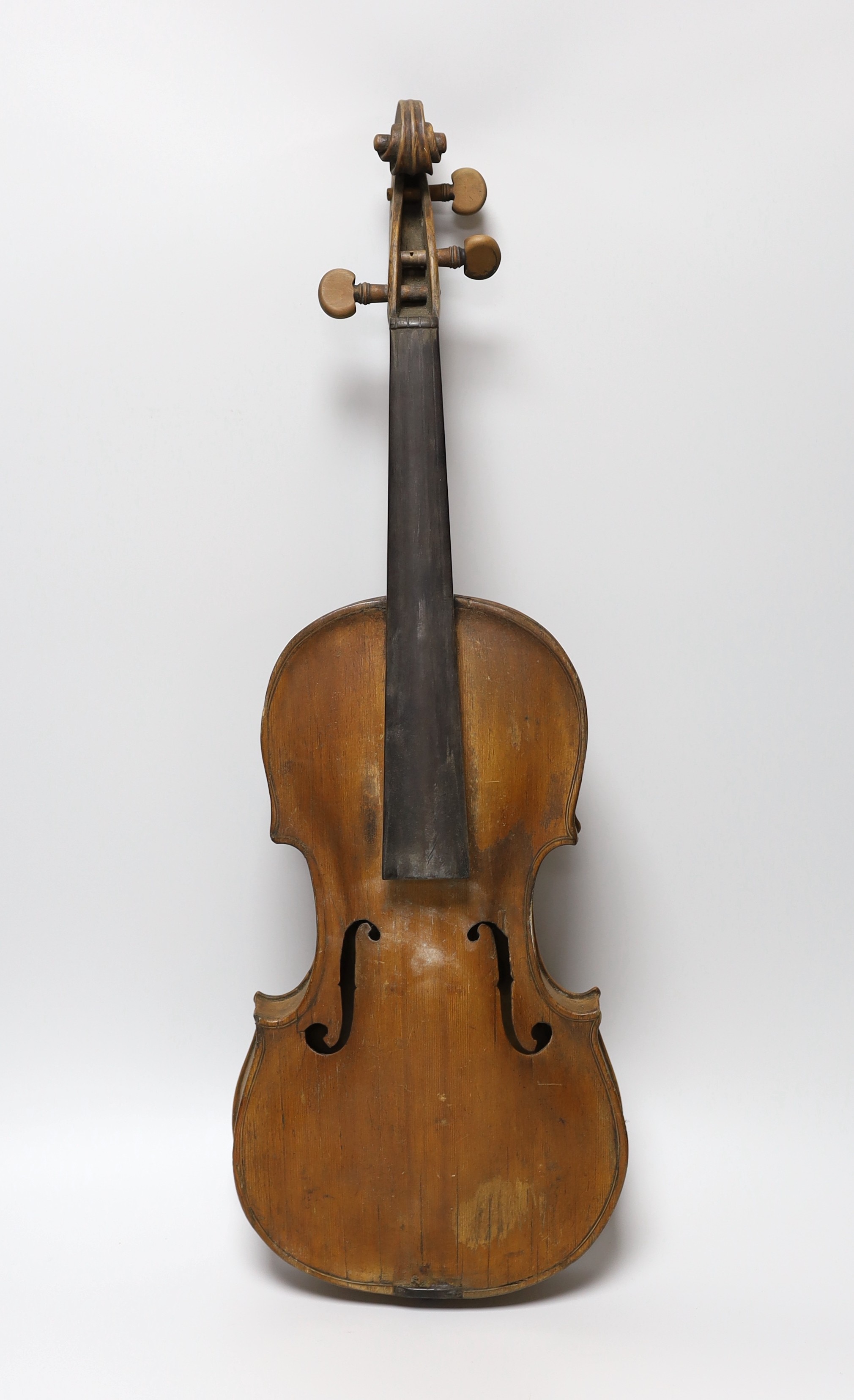 An 18th century German violin labelled Martin Leibmuller Mittenwalde, length of back 14ins, with a Cuniot-Hury Mirecourt bow (cites)